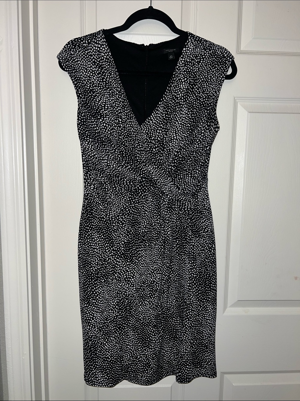 Ann Taylor Black and White Printed Faux-Wrap Midi Dress